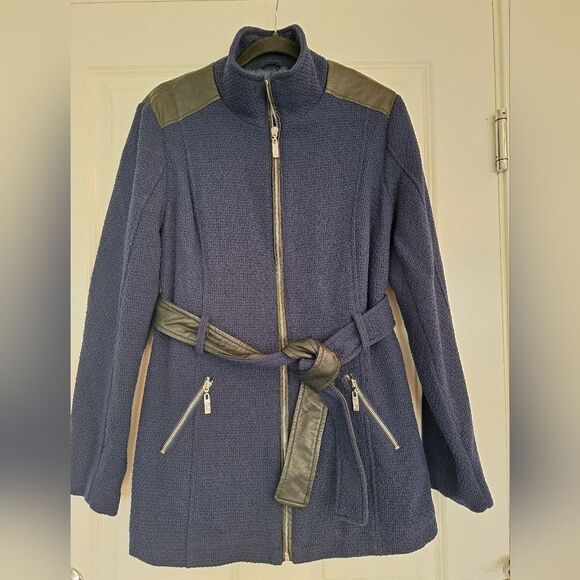 Guess Los Angeles Coat Jacket Navy Waffle Knit Vegan Leather Full Zip size L/G - Picture 1 of 8